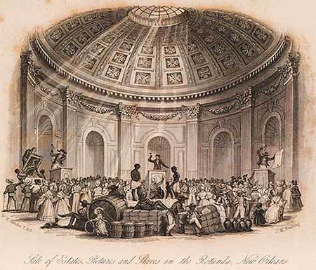 Illustration of round room with slaves being sold