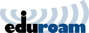 Black, dark blue and white logo with the word Eduroam