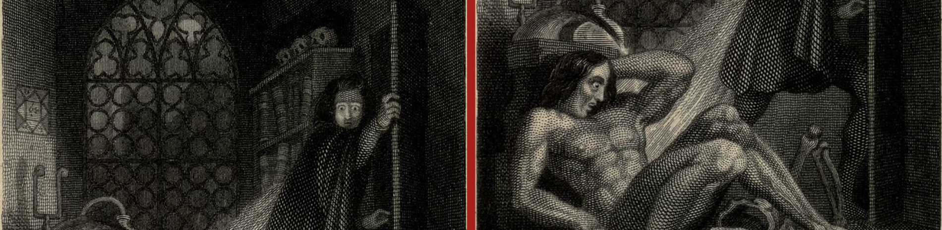 The top and bottom halves of an image from ‘Frankenstein, or the Modern Prometheus’ (Revised Edition, 1831), with dark red between each half. 