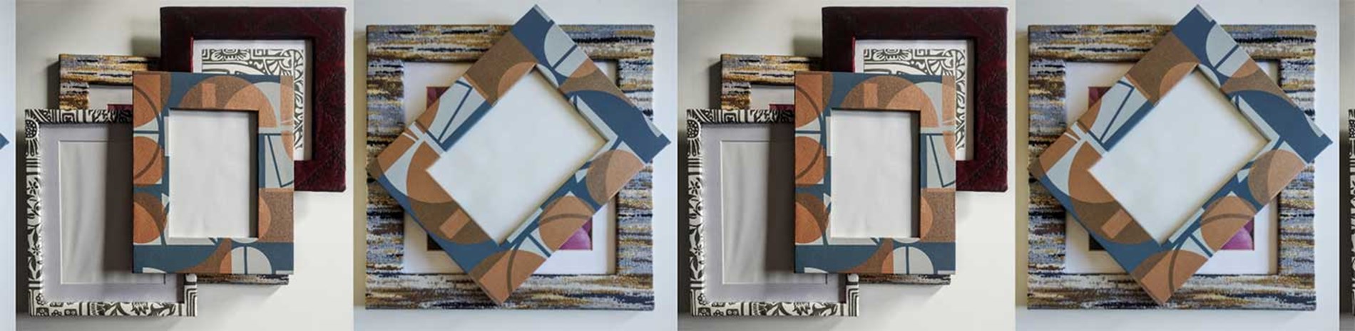 Repeated images of upcycled frames piled atop one another. One frame has stripes painted onto it.